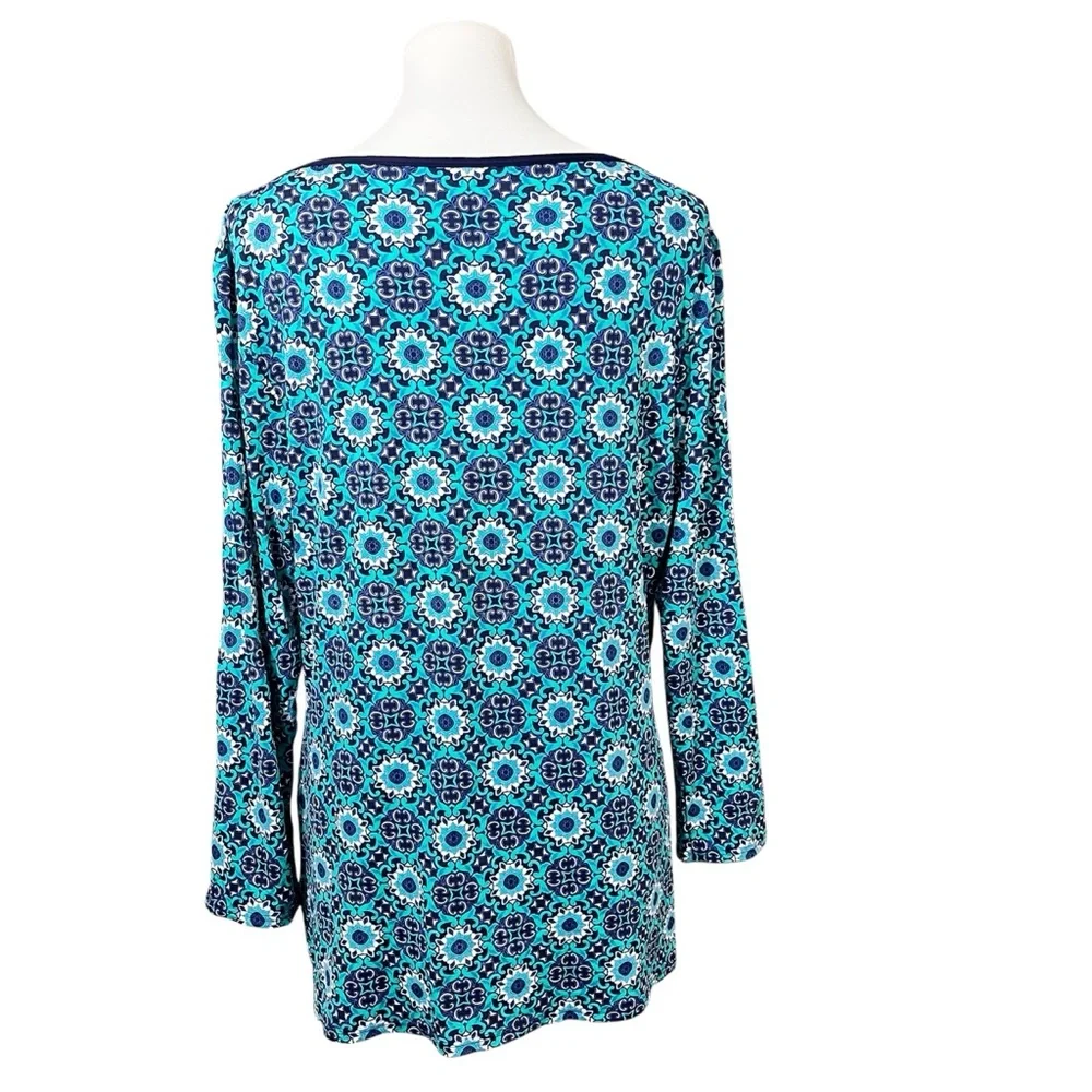 Lands’ End Swim Rash Guard Top Women M/L Blue Geometric Surf Shirt Beach